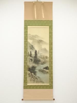 青木光陽筆　淡彩山水　肉筆絹本掛軸（共箱）